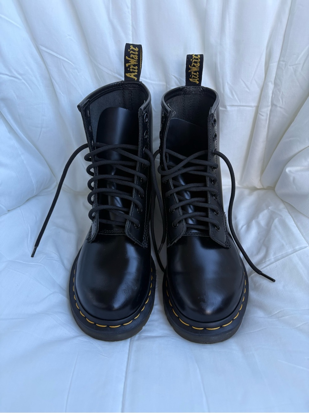 Dr. Martens Black Leather 8-Eye Combat Boots with Yellow Stitching Tabs